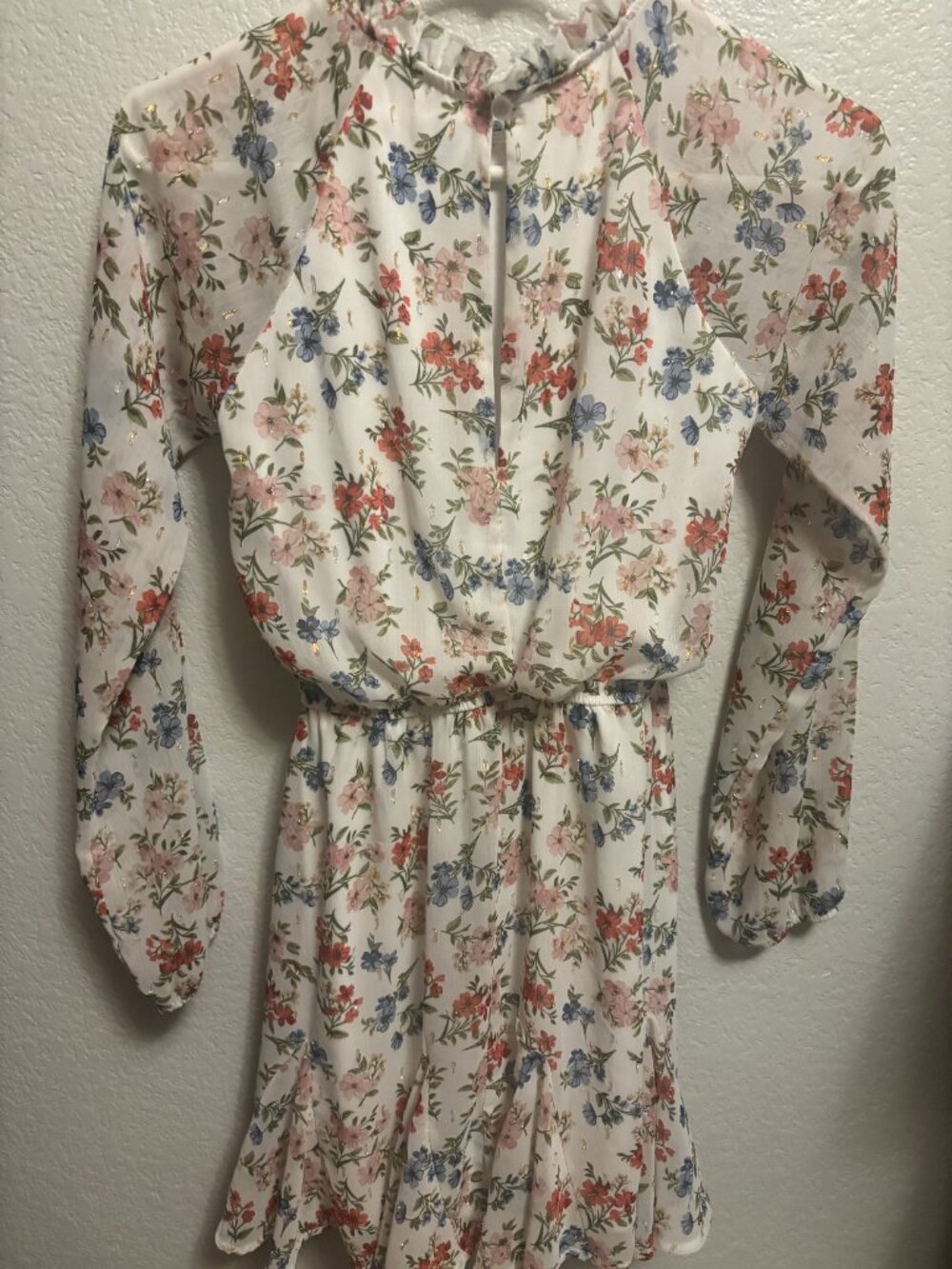 Blue Rain Floral Metallic Shimmer Chiffon Dress Size XXS White Pink Gold - Picture 7 of 7